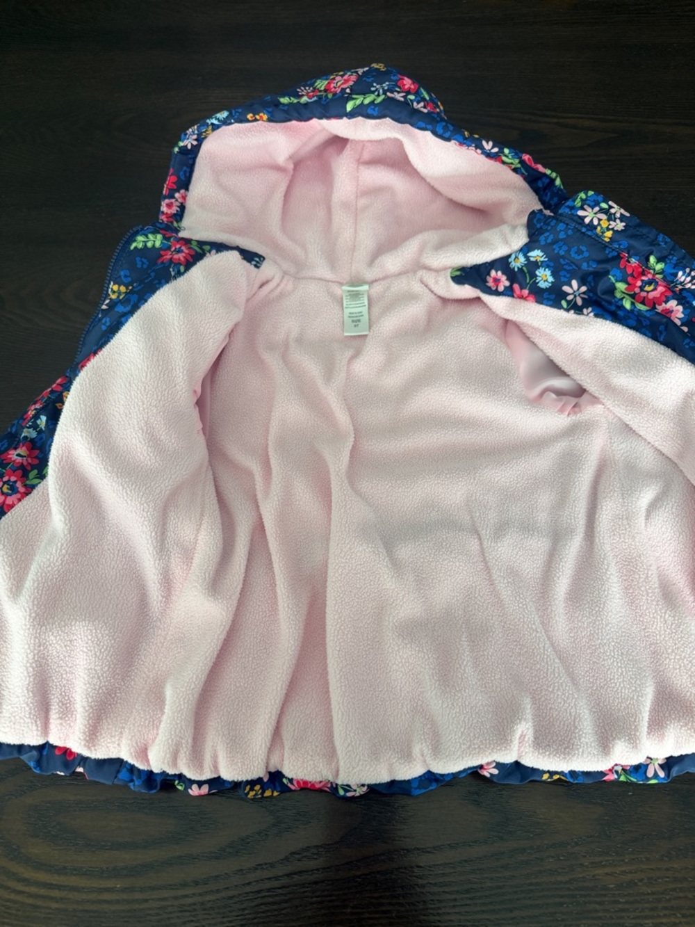 Little Me Navy Floral Hooded Puffer with Pink Lining and Bow - Picture 3 of 7